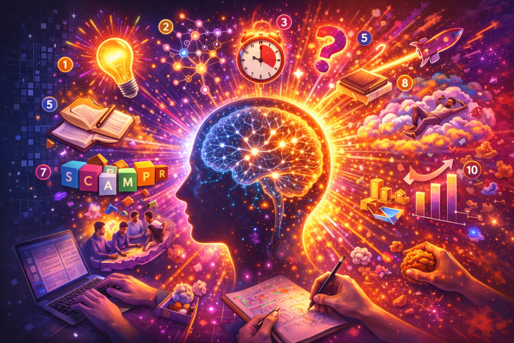 Ilustrasi 10 creativity hack evergreen tingkatkan inovasi menunjukkan brain 
dump morning pages, SCAMPER technique, cross-pollination, Pomodoro focus, 
incubation space, what-if questions, collaboration, journaling, side projects, 
failure-as-data mindset untuk kreativitas berkelanjutan