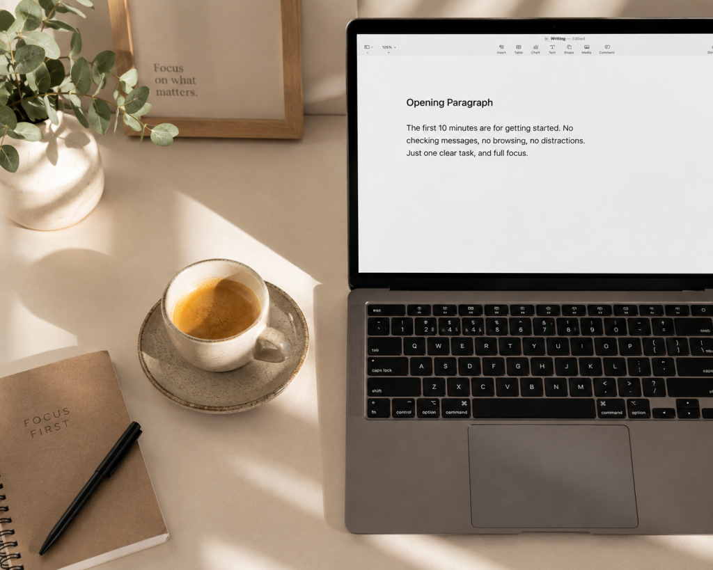 Penerapan rencana if-then yang menghubungkan pemicu kopi pagi dengan aksi menulis paragraf pertama.
