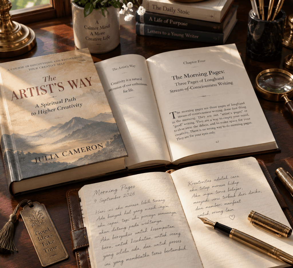 Buku The Artist's Way karya Julia Cameron terbuka berdampingan dengan jurnal kulit dan pena tinta emas.