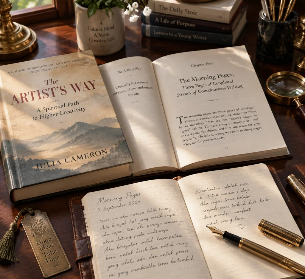 Buku The Artist's Way karya Julia Cameron terbuka berdampingan dengan jurnal kulit dan pena tinta emas.