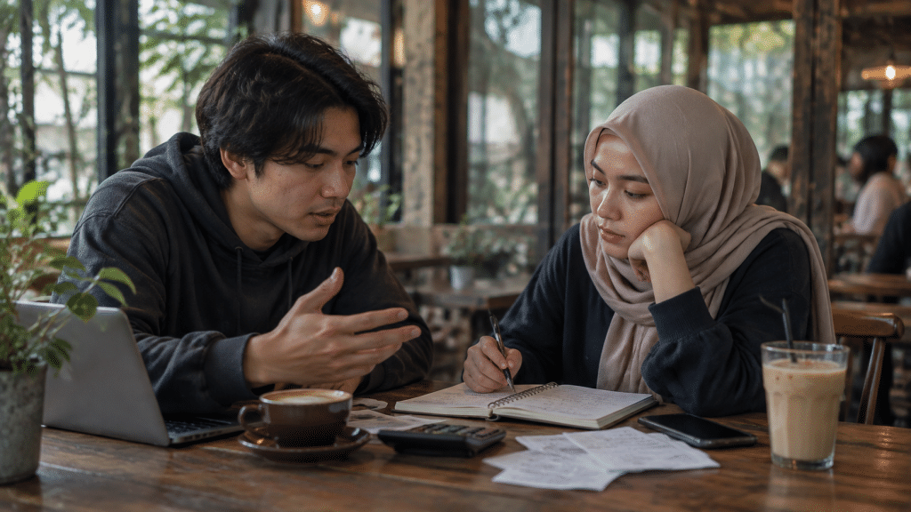 Dua pemuda Gen Z berdiskusi serius mengenai perencanaan hidup dan stabilitas finansial di kafe.