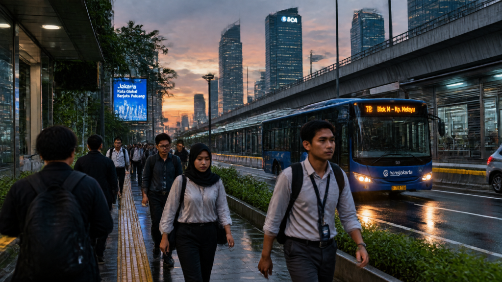Mobilitas pekerja muda komuter di halte transportasi umum Jakarta di tengah dinamika biaya hidup.