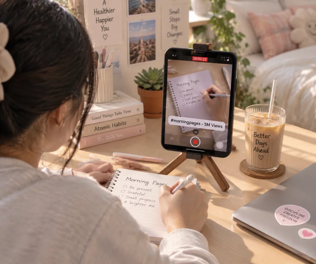 Kreator Gen Z merekam proses journaling Morning Pages untuk konten tagar morning pages di media sosial.