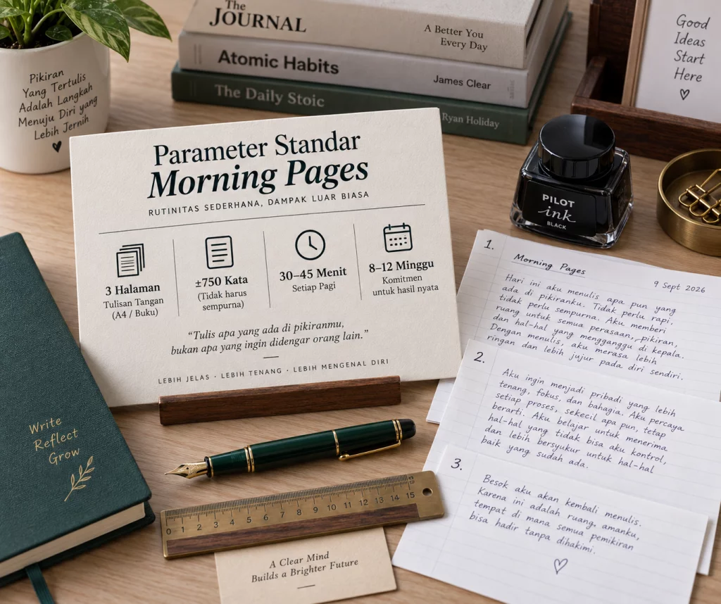 Kartu parameter standar Morning Pages memuat aturan tiga halaman tulisan tangan dan durasi 30-45 menit.
