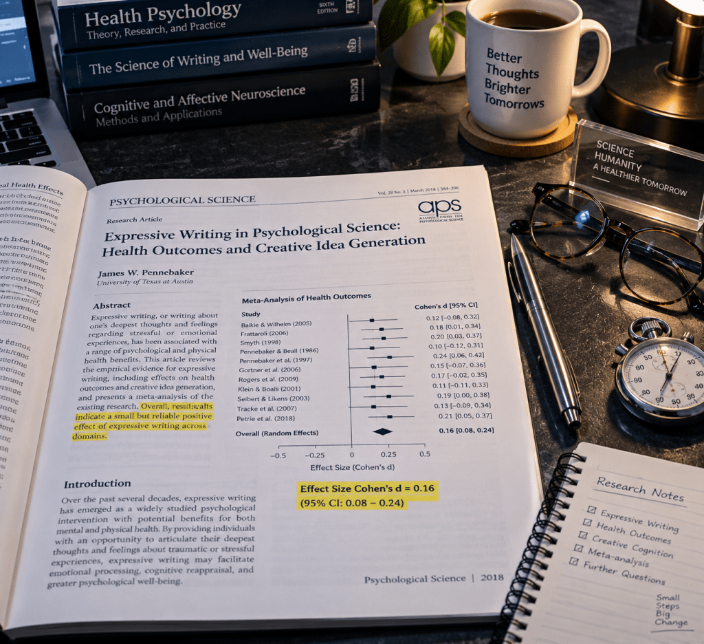 Jurnal ilmiah Psychological Science memaparkan riset menulis ekspresif James Pennebaker dengan ukuran efek d=0.16.