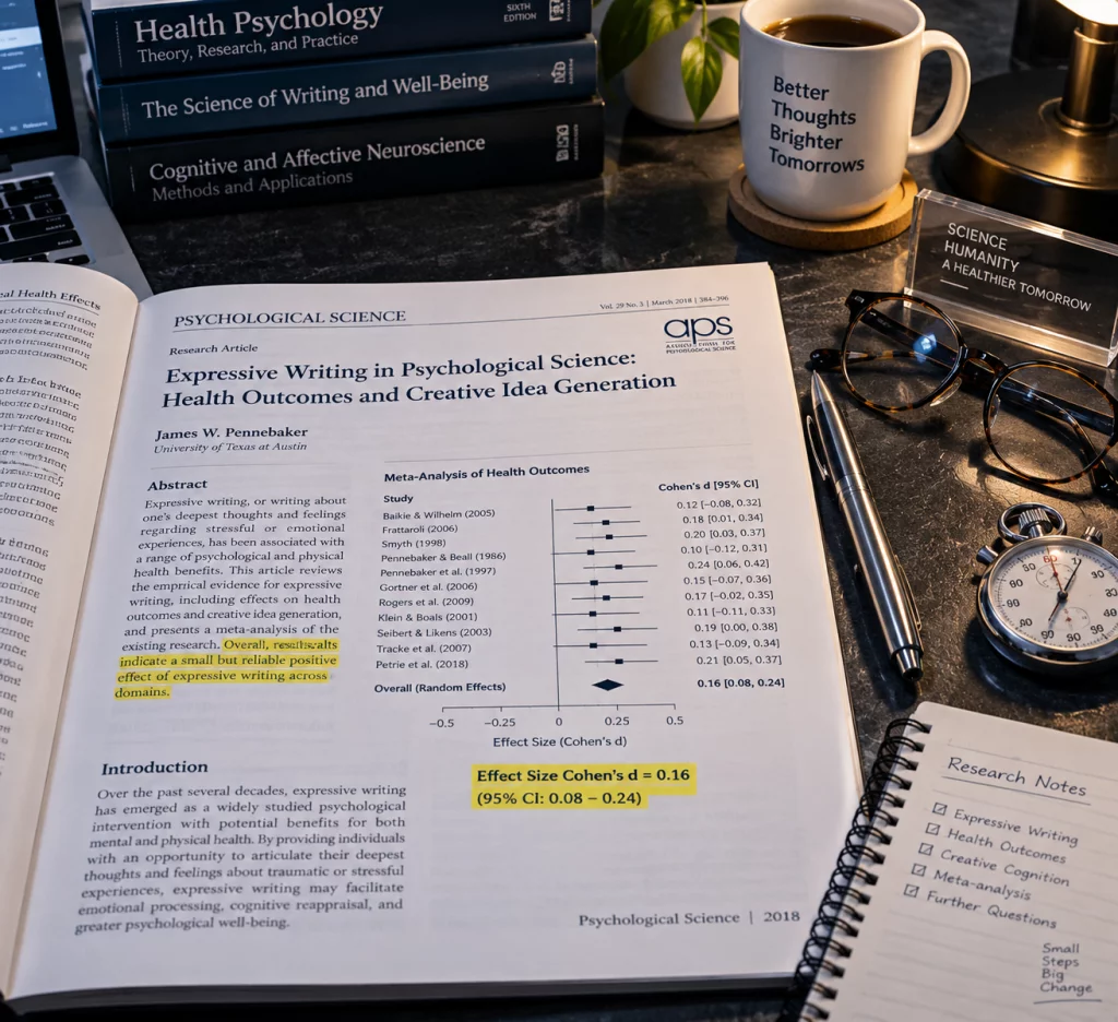 Jurnal ilmiah Psychological Science memaparkan riset menulis ekspresif James Pennebaker dengan ukuran efek d=0.16.