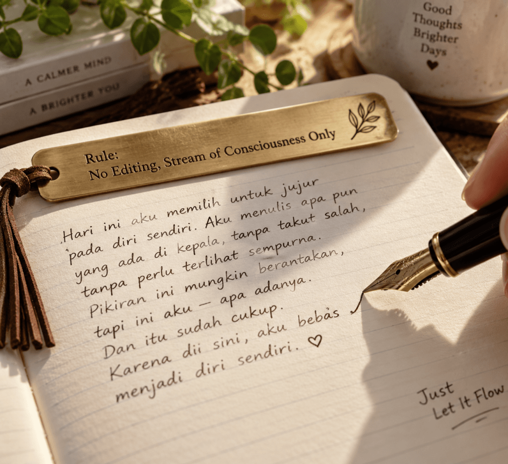 Ujung pena tinta menulis tanpa henti di atas kertas mencerminkan aturan dilarang mengedit dalam Morning Pages.