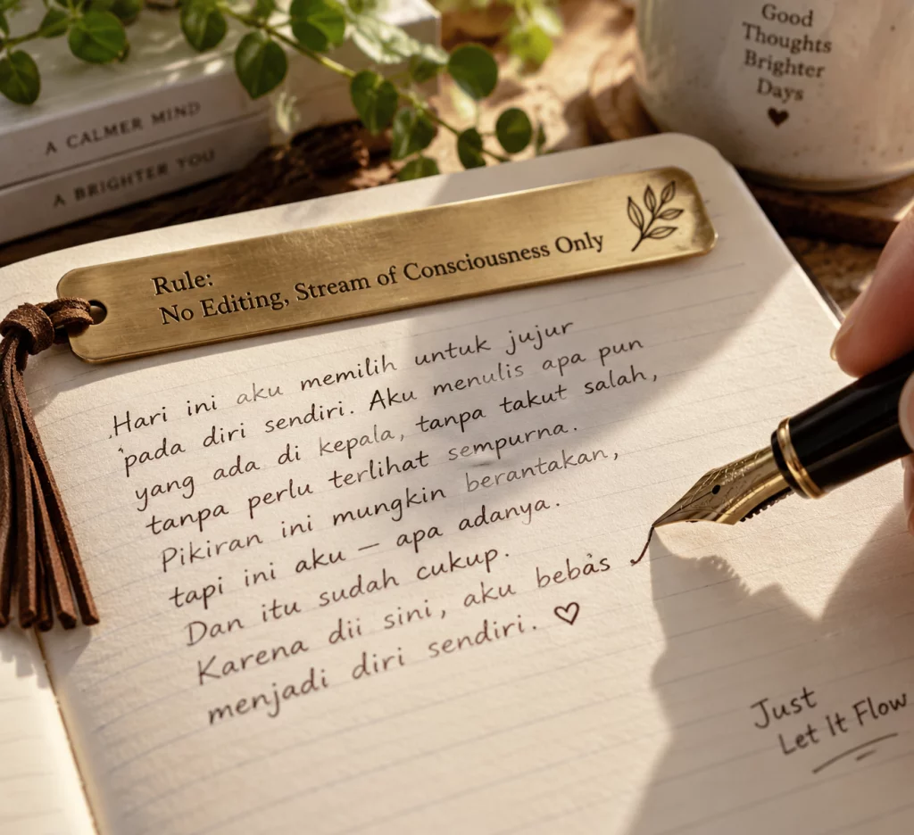 Ujung pena tinta menulis tanpa henti di atas kertas mencerminkan aturan dilarang mengedit dalam Morning Pages.