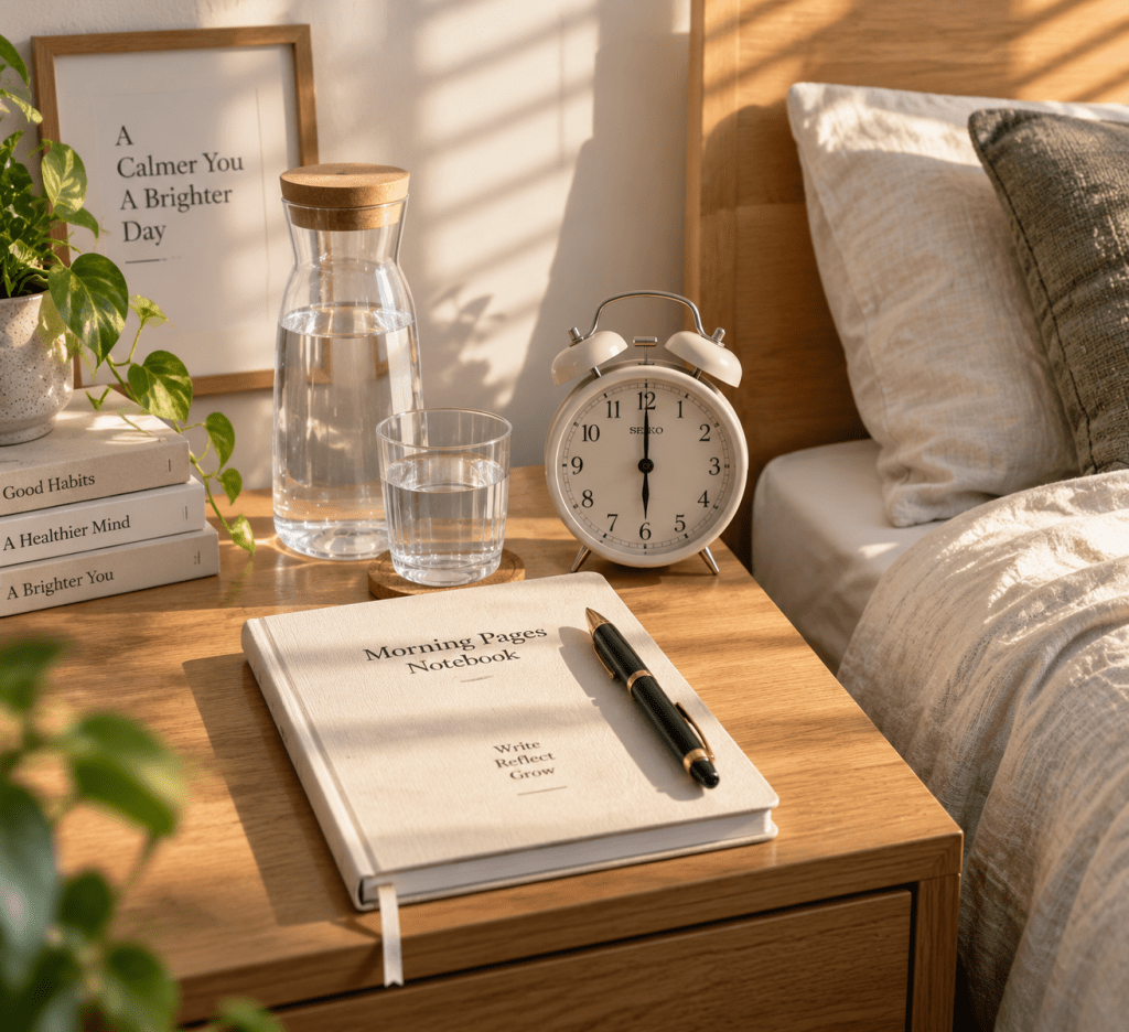Buku jurnal Morning Pages dan jam weker analog di meja samping tempat tidur siap ditulis saat bangun pagi.