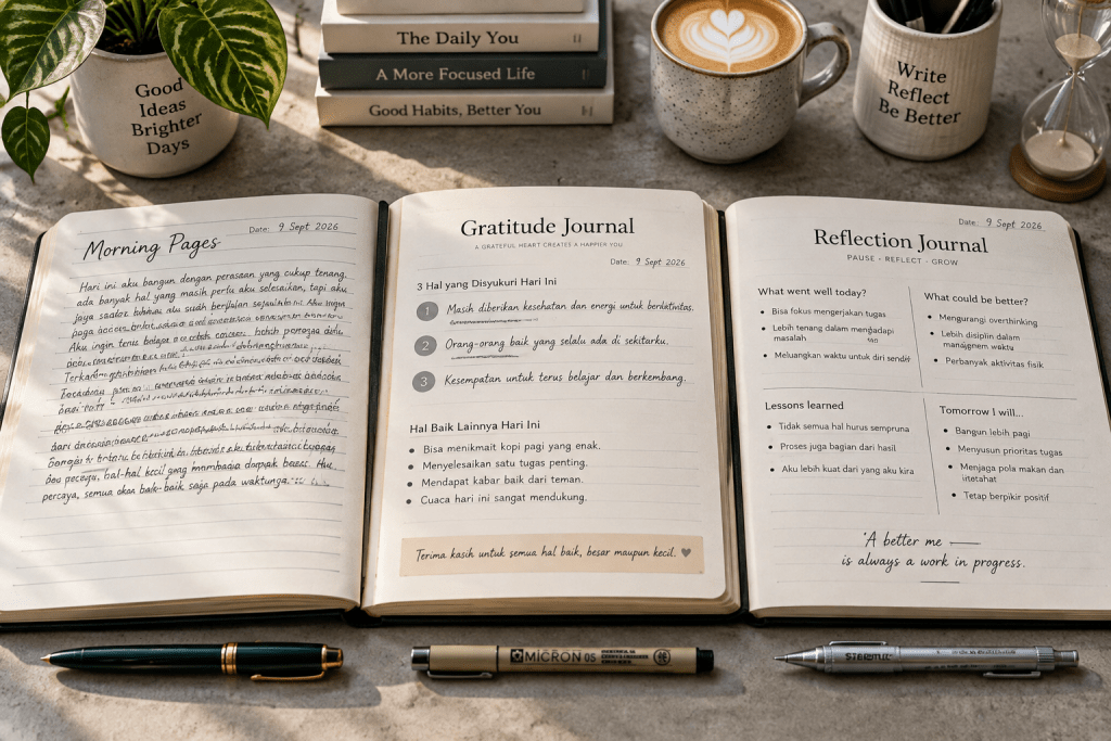 Tiga model buku jurnal membandingkan format Morning Pages, jurnal syukur, dan jurnal refleksi diri.
