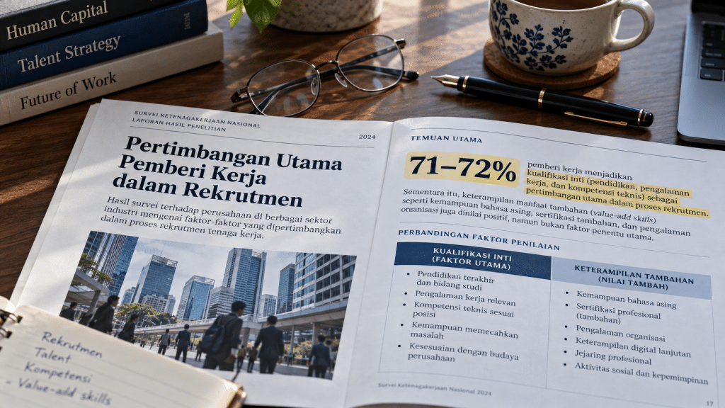Dokumen ringkasan laporan rekrutmen tenaga kerja di atas meja rapat yang menyoroti data pertimbangan kompetensi kecerdasan buatan.