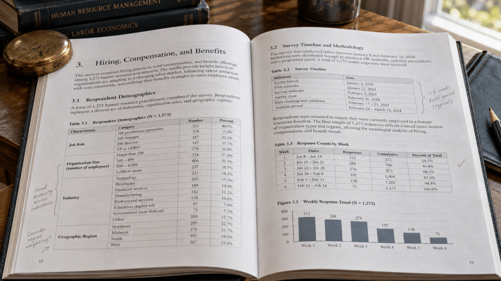 Buku laporan resmi Hiring, Compensation, and Benefits terbuka memperlihatkan metodologi survei ribuan praktisi SDM.