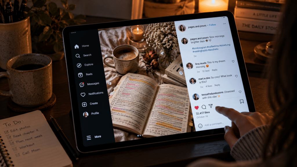 Tampilan layar komputer tablet yang membuka aplikasi media sosial, menunjukkan foto estetis sebuah buku yang penuh anotasi warna-warni (Bookstagram).
