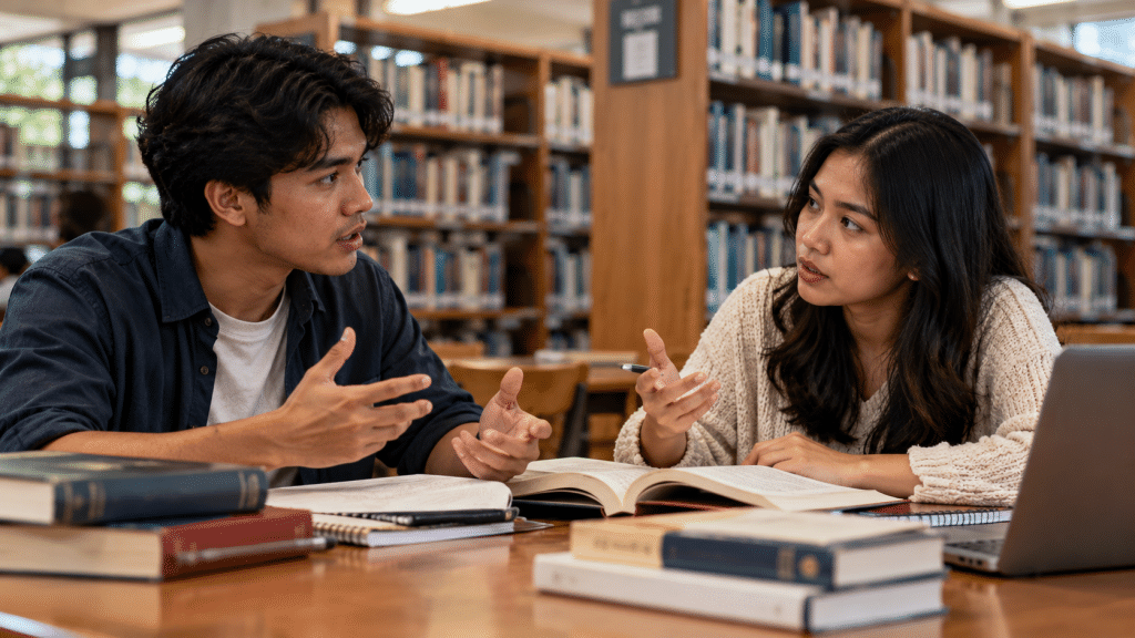 Dua orang berdiskusi dengan raut wajah serius mengenai isi buku dan etika membaca (performative reading) di sudut sebuah perpustakaan.