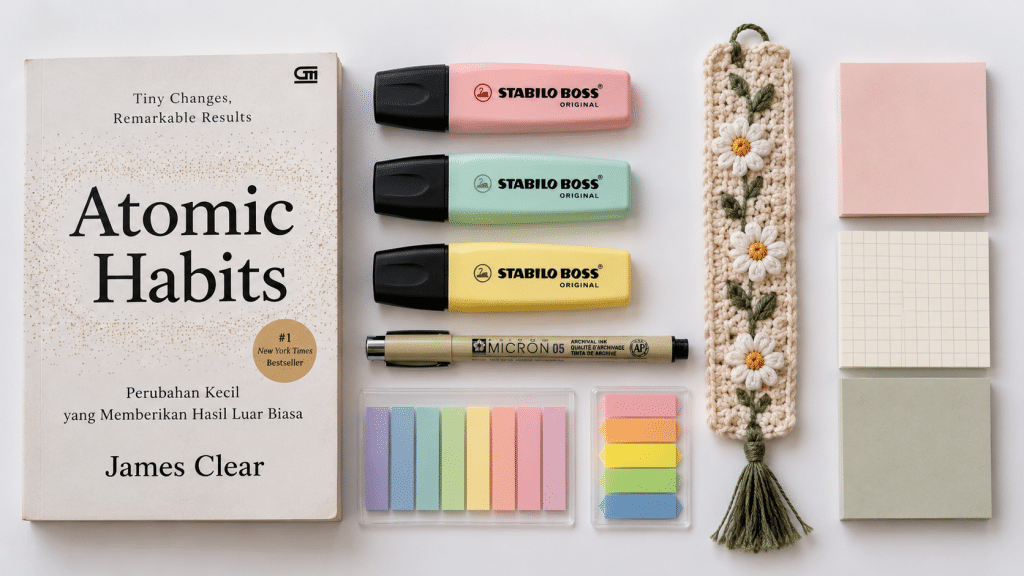 Visualisasi komponen paket joki baca buku yang ditata rapi (knolling), menampilkan stabilo, pena, sticky notes, dan pembatas buku rajut (crochet bookmark).
